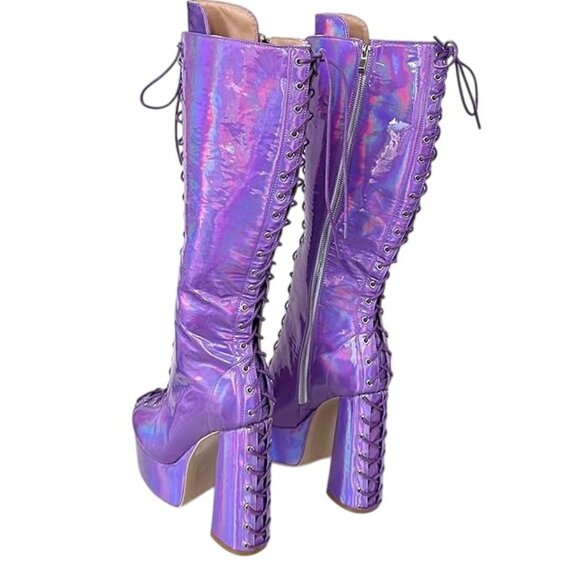 Frankie Hsu Purple Hologram Oil Slick Platform lace Boots Patent vegan leather - Picture 3 of 14
